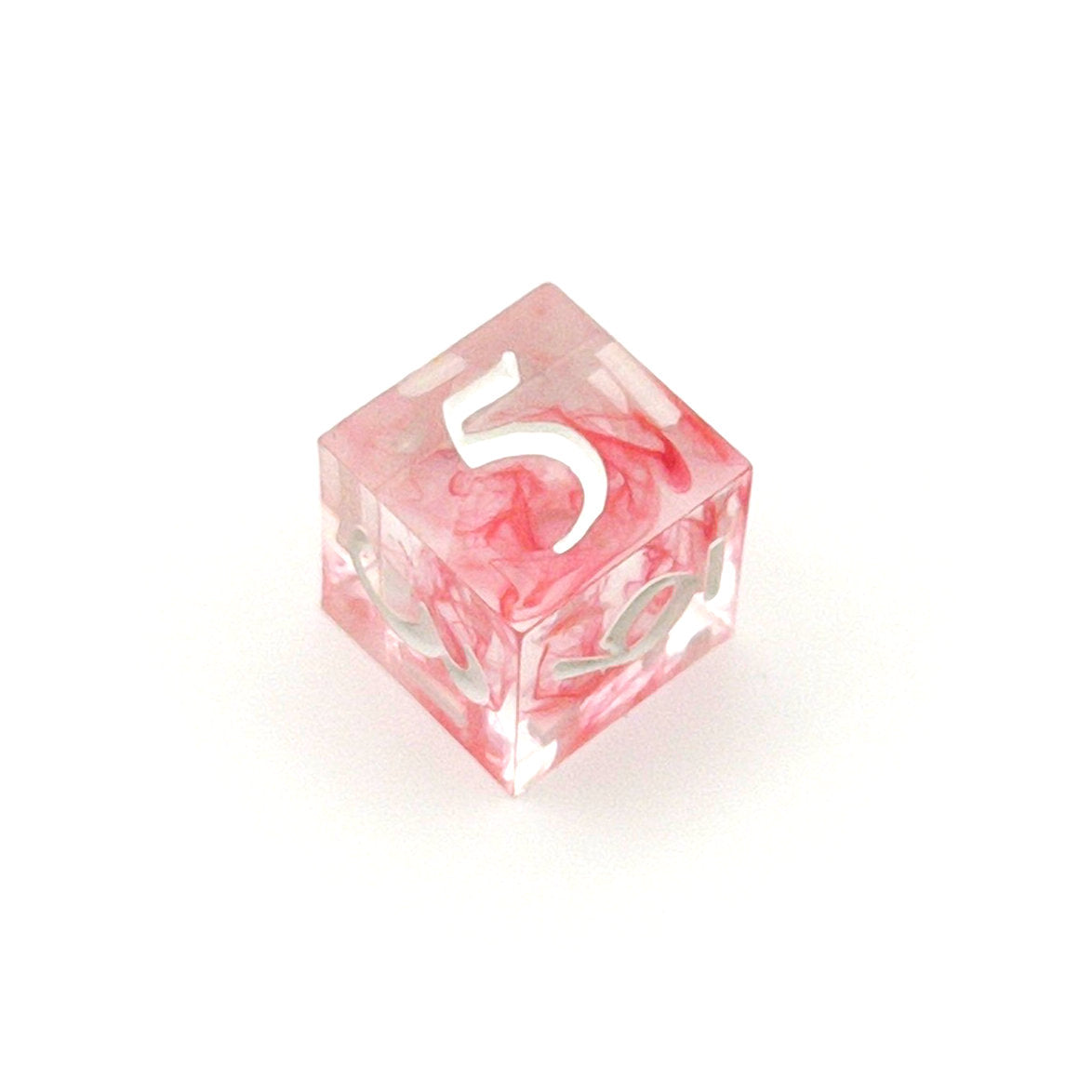 D6 TTRPG die. Transparent resin with a swirl of red dyed resin through the centre, known as 'Blood in the Water'. Inked in white