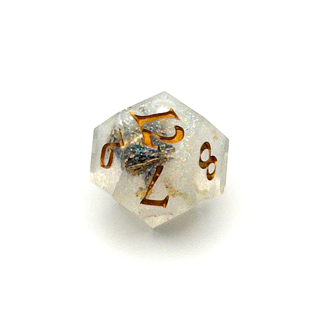 D12 TTRPG die, semi-transparent resin with translucent glitter and angel wing and pearl beads suspended inside. Inked in gold