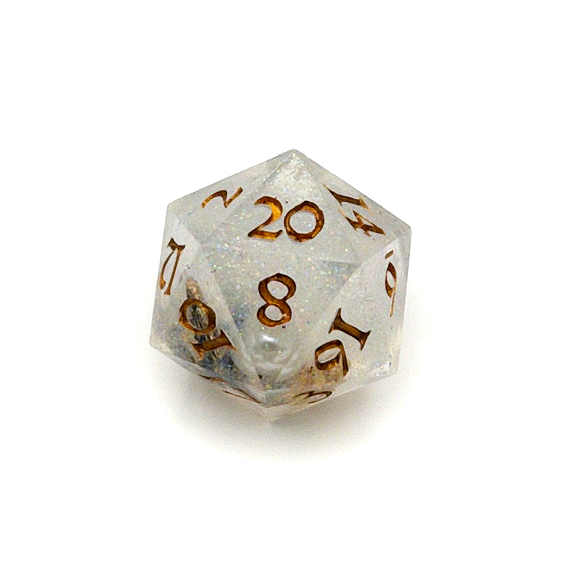 D20 TTRPG die, semi-transparent resin with translucent glitter and angel wing and pearl beads suspended inside. Inked in gold