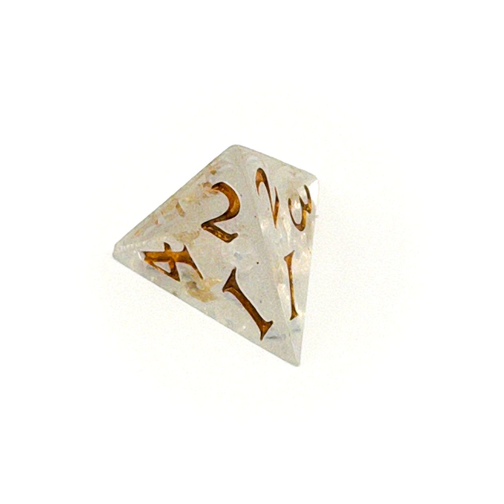 D4 TTRPG die, semi-transparent resin with translucent glitter and angel wing and pearl beads suspended inside. Inked in gold