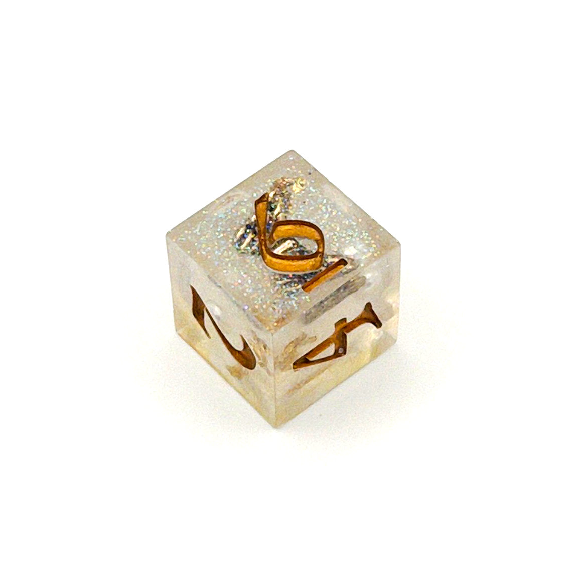 D6 TTRPG die, semi-transparent resin with translucent glitter and angel wing and pearl beads suspended inside. Inked in gold