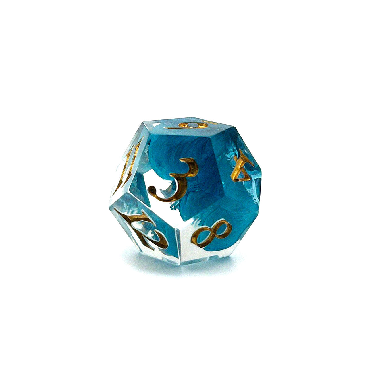 D12 TTRPG resin dice, petri-pour in white and Smurf blue, inked in Gold
