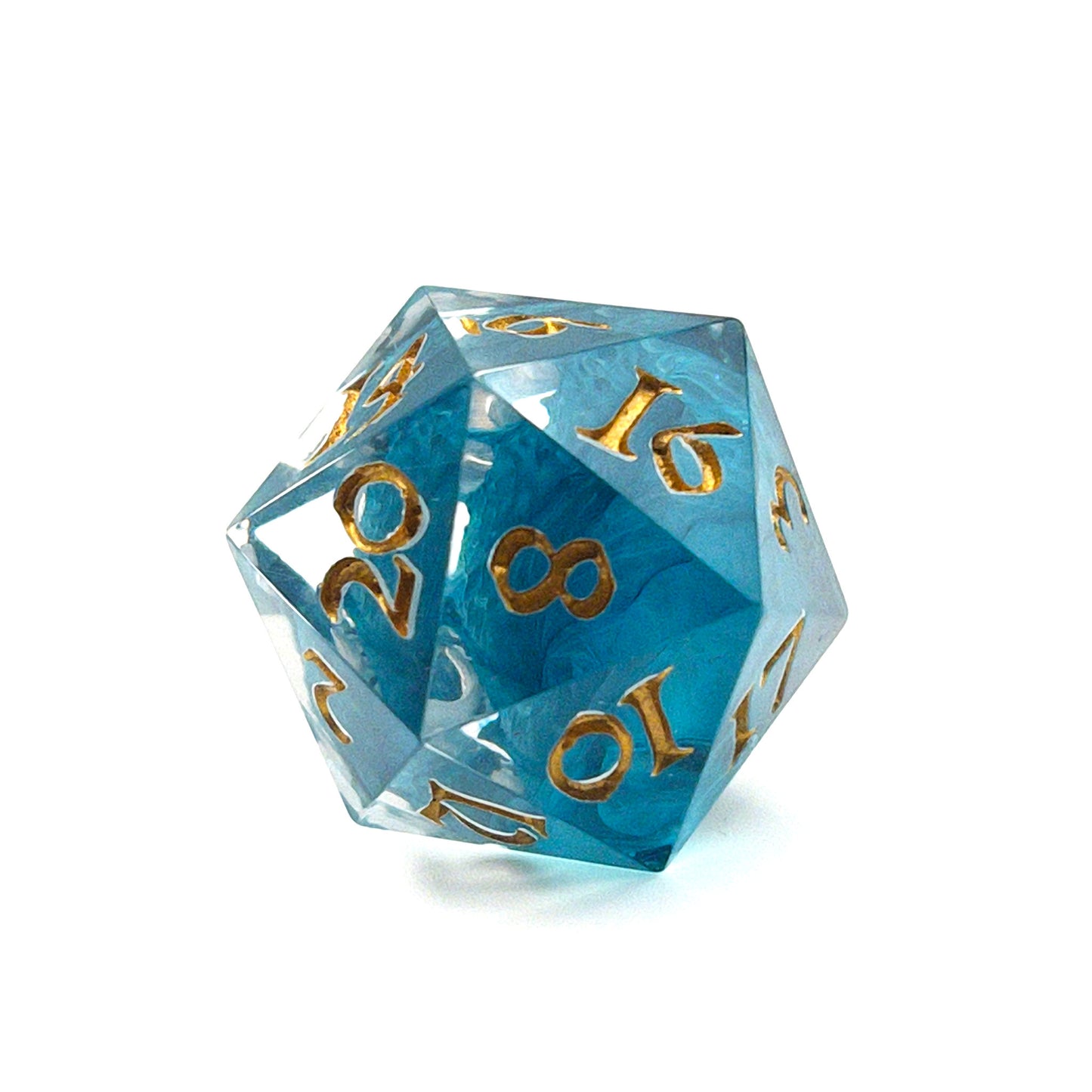 D20 TTRPG resin dice, petri-pour in white and Smurf blue, inked in Gold