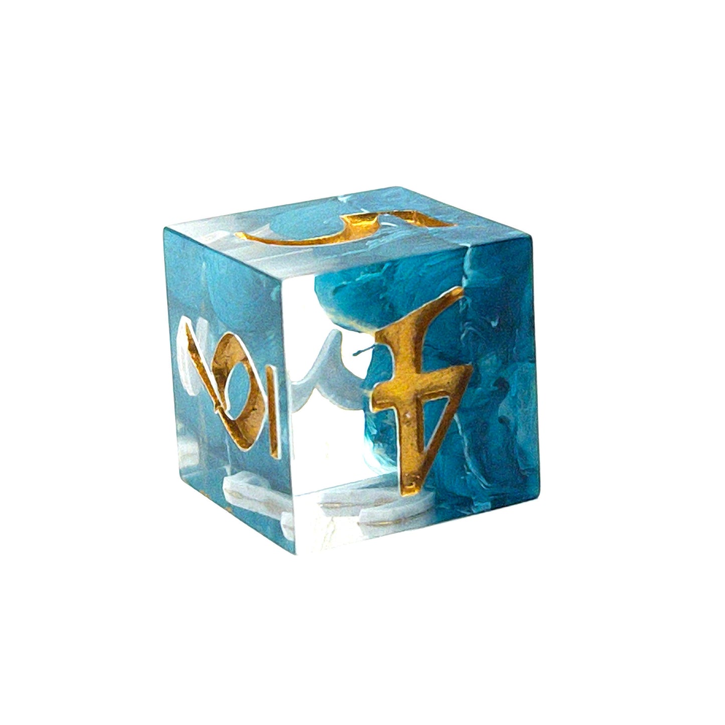 D6 TTRPG resin dice, petri-pour in white and Smurf blue, inked in Gold