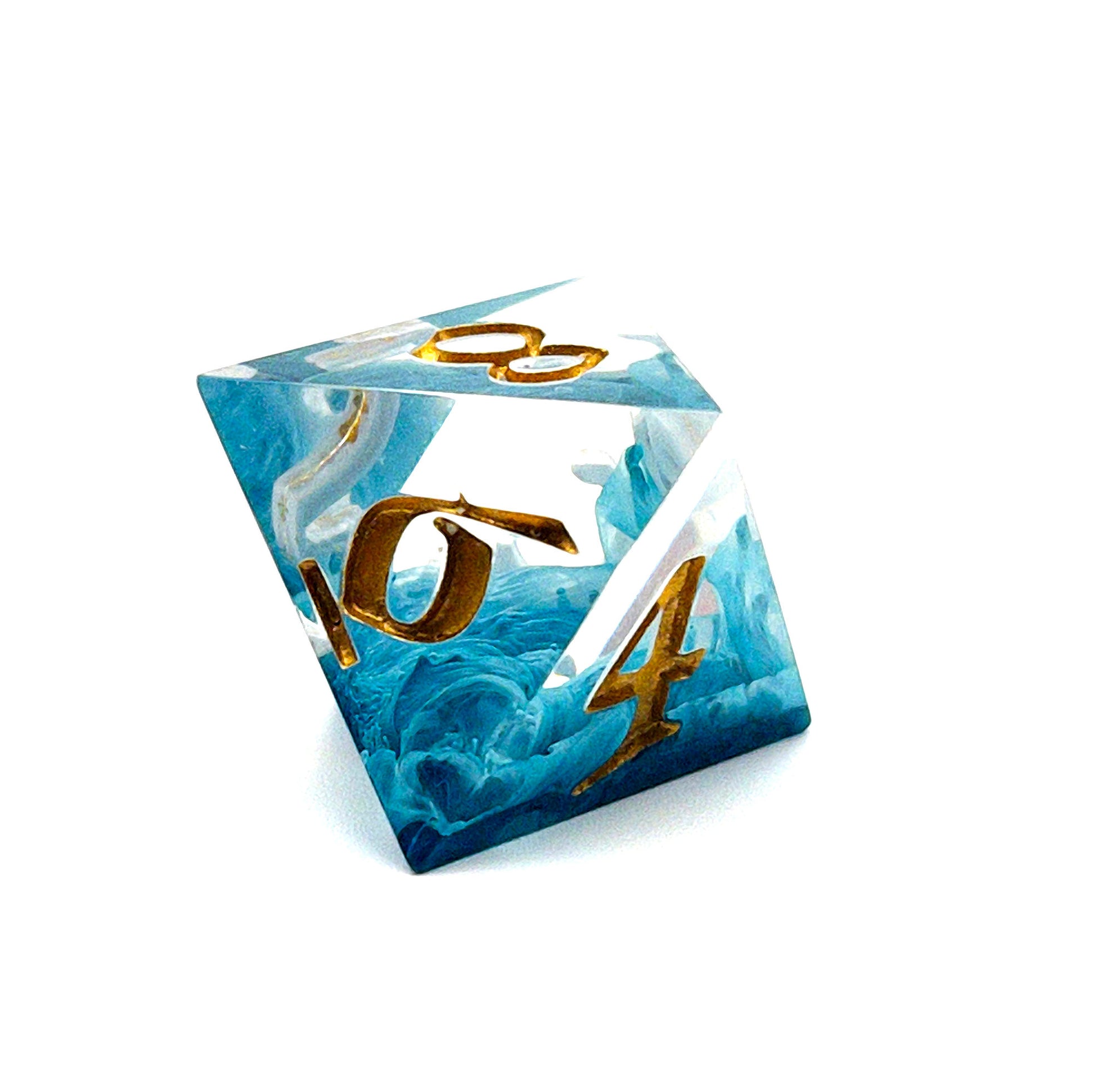 D8 TTRPG resin dice, petri-pour in white and Smurf blue, inked in Gold