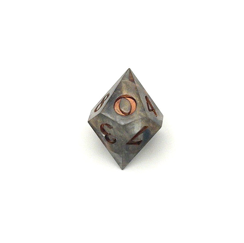 D10 Resin die using transparent black and gold dyes, inked in metallic copper paint