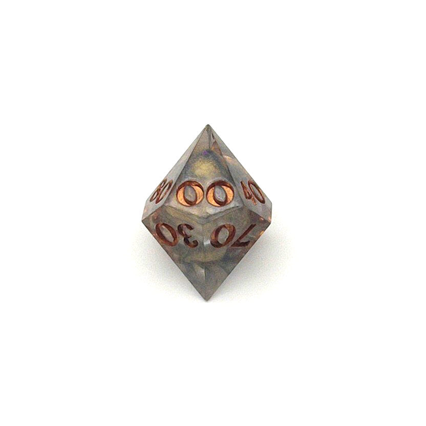 D100 Resin die using transparent black and gold dyes, inked in metallic copper paint