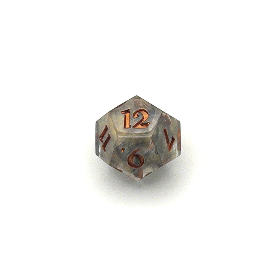 D12 Resin die using transparent black and gold dyes, inked in metallic copper paint
