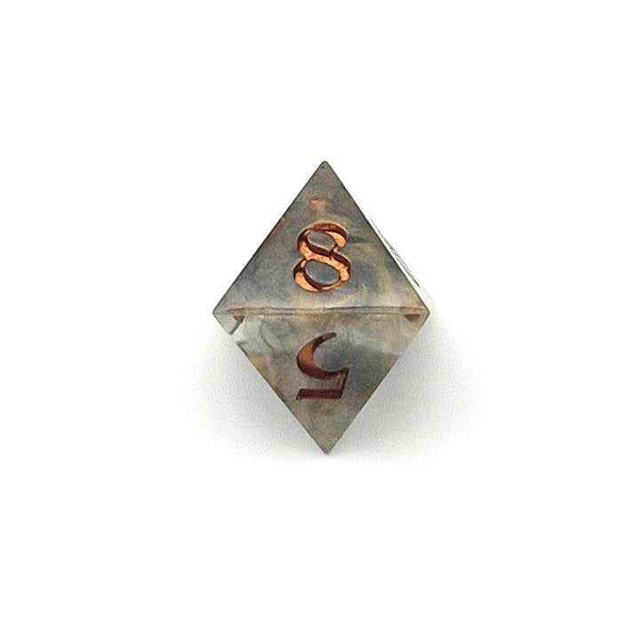 D8 Resin die using transparent black and gold dyes, inked in metallic copper paint